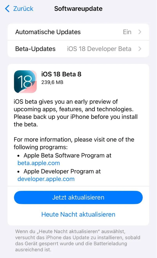 同德苹果手机维修分享苹果 iOS / iPadOS 18 开发者预览版 Beta 8 发布 